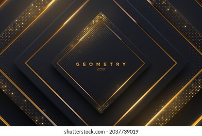 Abstract black background with golden glowing stripes and shimmering glitters. Vector illustration. Geometric backdrop with black paper layers. Concentric square shapes. Luxury template design