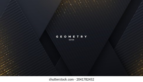 Abstract black background with golden glowing glitters. Vector illustration. Geometric backdrop with textured black paper layers. Slanted shapes. Business presentation template. Minimalist decoration