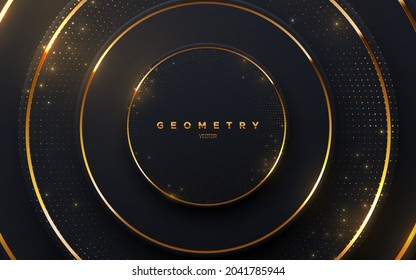 Abstract black background with golden glowing stripes and shimmering glitters. Vector illustration. Geometric backdrop with black paper layers. Concentric circle shapes. Luxury template design