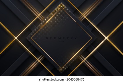 Abstract black background with golden glowing stripes and shimmering glitters. Vector illustration. Geometric backdrop with black paper layers. Slanted shapes. Luxury template design