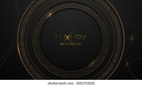 Abstract black background with golden glowing stripes and shimmering glitters. Vector illustration. Geometric backdrop with golden circles. Concentric circle shapes. Elegant template design.