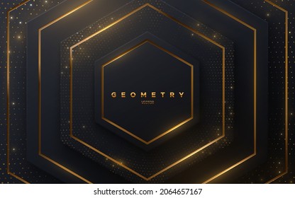 Abstract black background with golden glowing stripes and shimmering glitters. Vector illustration. Geometric backdrop with black paper layers. Concentric hexagonal shapes. Luxury template design