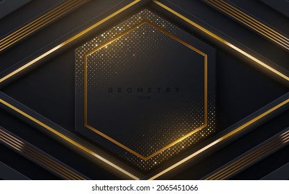 Abstract black background with golden glowing stripes and shimmering glitters. Vector illustration. Geometric backdrop with black paper shapes. Luxury template design