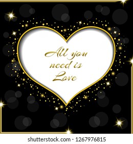 Abstract black background with a golden heart and a flash of sparks. Holiday Valentine's Day, weddings, dates. You can use it as a greeting card, poster, flyer, invitation, poster, template.

