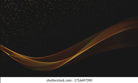 Abstract black background with golden light waves. Vector abstract shiny color gold waves design element on dark background. Vector illustration. Template luxury design