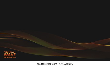 Abstract black background with golden light waves. Vector abstract shiny color gold waves design element on dark background. Vector illustration. Template luxury design