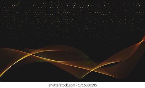 Abstract black background with golden light waves. Vector abstract shiny color gold waves design element on dark background. Vector illustration. Template luxury design