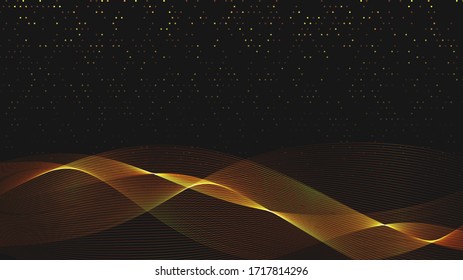 Fondo negro abstracto con ondas doradas. Vector abstracto de color brillante de ondas doradas elemento de diseño sobre fondo oscuro. Ilustración vectorial. Diseño de lujo de plantillas