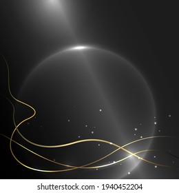Abstract black background with golden lines and glowing lights.