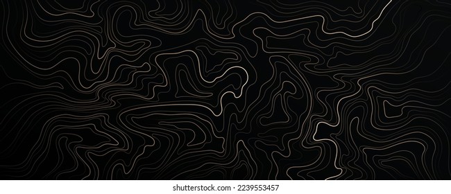 Abstract black background with golden lines. Elegant gold liquid pattern. Hand drawn lines texture. Line art. Suit for poster, cover, wallpaper, desktop, banner, website. Vector illustration