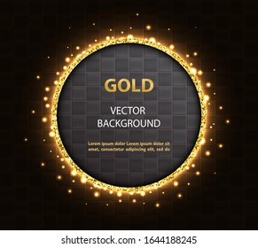 Abstract black background with golden round glittering frame and square tiles.