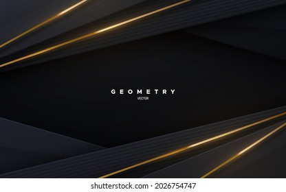 Abstract black background with golden stripes. Vector illustration. Geometric backdrop. Black paper layers and gold strings. Slanted shapes. Business presentation template. Minimalist decoration