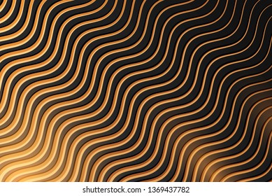 Abstract black background with golden waves. Linear gold wavy pattern