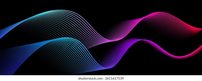 Abstract black background with gradient wavy lines pattern. Vector illustration of electro sound cover design template with vibrant geometric shape.