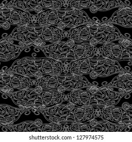 Abstract black background, graphic seamless pattern, swirl ornaments, monochrome vector wallpaper, fashion fabric, original wrapping with art elements for design