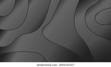 An abstract black background. A gray 3d layered background. Curved shapes dark backdrop.