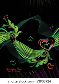 abstract black background with green curve wave, floral and rainbow heart