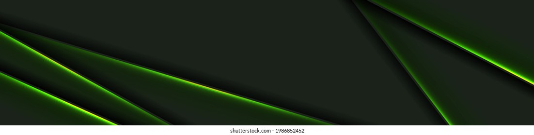 Abstract black background with green neon glowing stripes. Vector technology banner design