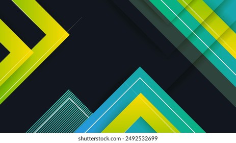 Abstract black background with green and yellow square line shapes. Vector abstract graphic design banner pattern presentation background wallpaper web template.