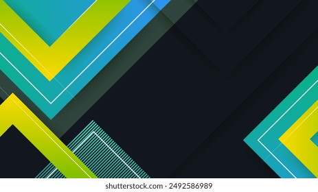 Abstract black background with green and yellow square line shapes. Vector abstract graphic design banner pattern presentation background wallpaper web template.
