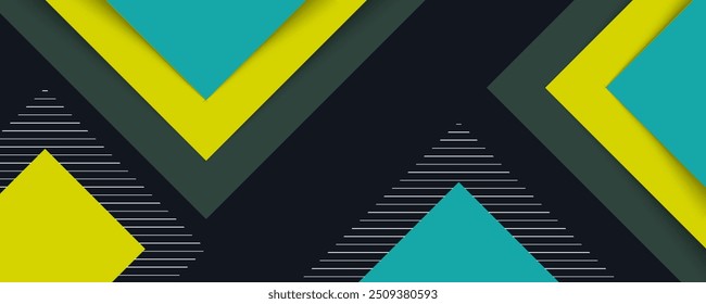 Abstract black background with green and yellow square line shapes. Vector abstract graphic design banner pattern presentation background wallpaper web template.