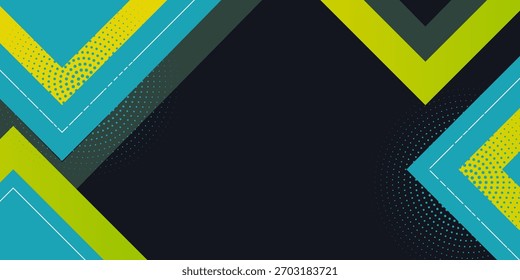 Fundo preto abstrato com formas de linha quadrada verde e amarela. Vetor abstrato design gráfico banner padrão apresentação fundo papel de parede modelo da web.