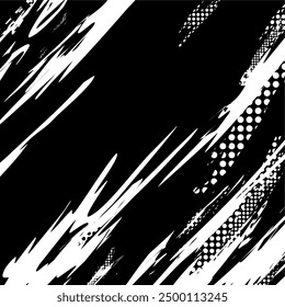 abstract black background with grunge white brush lines and halftone