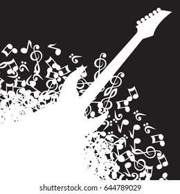 Abstract black background with guitar and notes.