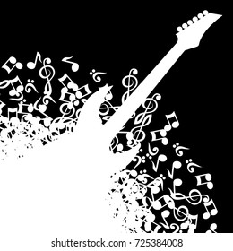 Abstract black background with guitar and notes.