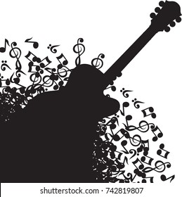 Abstract black background with guitar and notes.