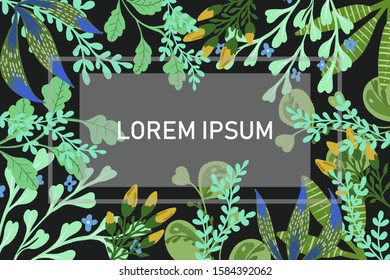 an abstract black background with hand painted green and blue plants with space for text, vector card