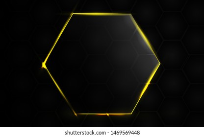 Abstract black background with hexagon frame transparent glass effect a combination with light neon border. Layer layout space on for text and background design