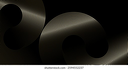 Abstract black background with luxurious circular line patterns. Black metallic texture with modern shiny black and golden gradient lines. Perfect for wallpapers, backdrops, banners, and posters.