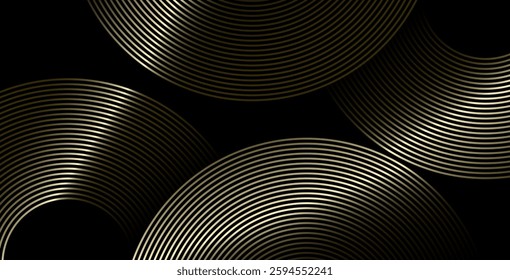 Abstract black background with luxurious circular line patterns. Black metallic texture with modern shiny black and golden gradient lines. Perfect for wallpapers, backdrops, banners, and posters.