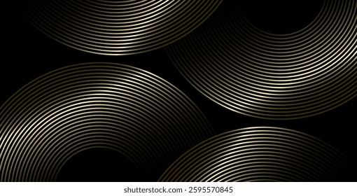 Abstract black background with luxurious circular line patterns. Black metallic texture with modern shiny black and golden gradient lines. Perfect for wallpapers, backdrops, banners, and posters.