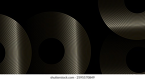 Abstract black background with luxurious circular line patterns. Black metallic texture with modern shiny black and golden gradient lines. Perfect for wallpapers, backdrops, banners, and posters.