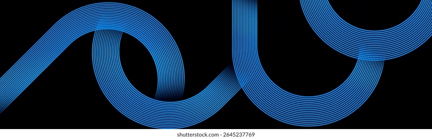 Abstract black background with modern shiny blue colour geometric diagonal rounded lines . Dynamic shapes composition.vector illustration eps10. Suit for curve, banner, poster, templates, branding.