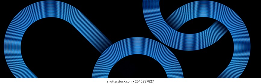 Abstract black background with modern shiny blue colour geometric diagonal rounded lines . Dynamic shapes composition.vector illustration eps10. Suit for curve, banner, poster, templates, branding.