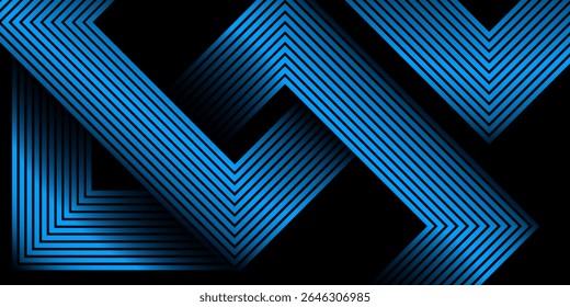 Fundo preto abstrato com linhas quadradas de cor azul brilhante modernas. Conceito de tecnologia futurista. Elementos de design. Composição de formas dinâmicas. Ilustração vetorial eps10.