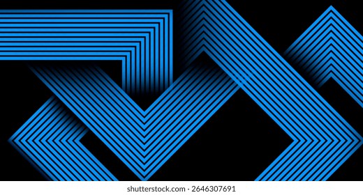 Abstrakter schwarzer Hintergrund mit modernen, glänzenden, blauen, quadratischen Linien. Futuristisches Technologiekonzept. Designelemente. Dynamische Formenzusammensetzung. Vektorgrafik eps10. Anzug für Kurve.