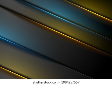 Abstract black background with orange blue neon glowing stripes. Vector technology design