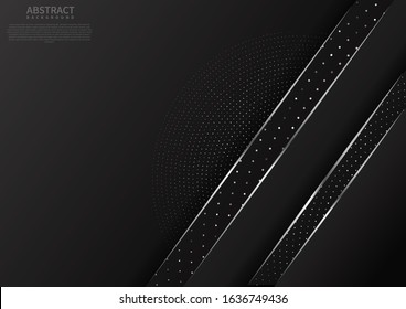 Abstract black background with overlap layers and diagonal line silver color dot silver. Modern style. Vector illustration