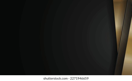 Abstrakter schwarzer Hintergrund mit Überlappungsformen, diagonal gestreifte goldene Linien. Dunkler Luxus und elegantes Template. Vektorgrafik