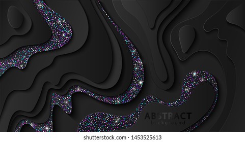 Abstract black background with paper cut out layers and sparkles. Vector illustration. Paper cutting texture. Applicable for business banner, flyer, poster, brochure design