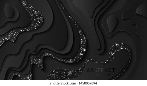 Abstract black background with paper cut out layers and sparkles. Vector illustration. Paper cutting texture. Applicable for business banner, flyer, poster, brochure design