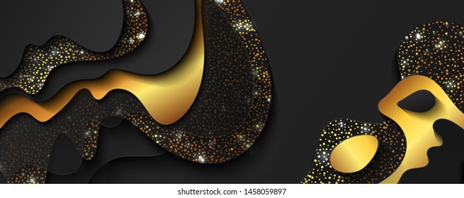 Abstract black background with paper cut out layers and golden sparkles. Vector illustration. Paper cutting texture. Applicable for business banner, flyer, poster, brochure design
