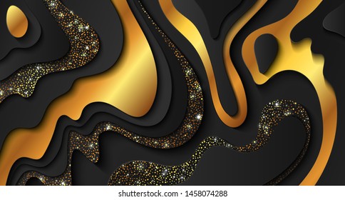Abstract black background with paper cut out layers and golden sparkles. Vector illustration. Paper cutting texture. Applicable for business banner, flyer, poster, brochure design