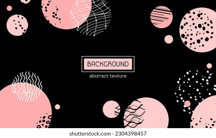 Resumen de fondo negro. patrones de círculo de garabatos rosados. redondo Resumen con líneas y puntos de curva, punto. fondo vectorial moderno. Dibujado a mano.