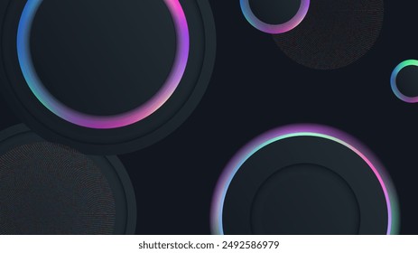 Abstract black background with rainbow light circle line and dot glitter texture. Vector abstract graphic design banner pattern presentation background wallpaper web template.