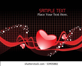abstract black background with red curve wave, stripes and romantic heart